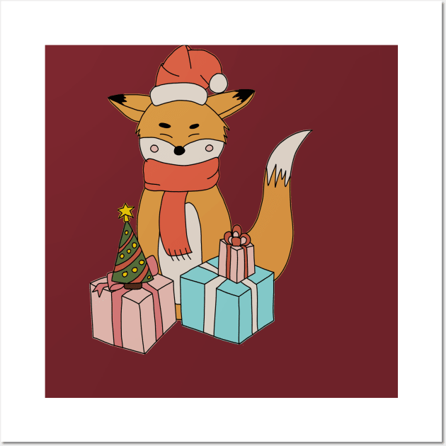 Christmas Cute Fox with Gifts Wall Art by RedFoxIV